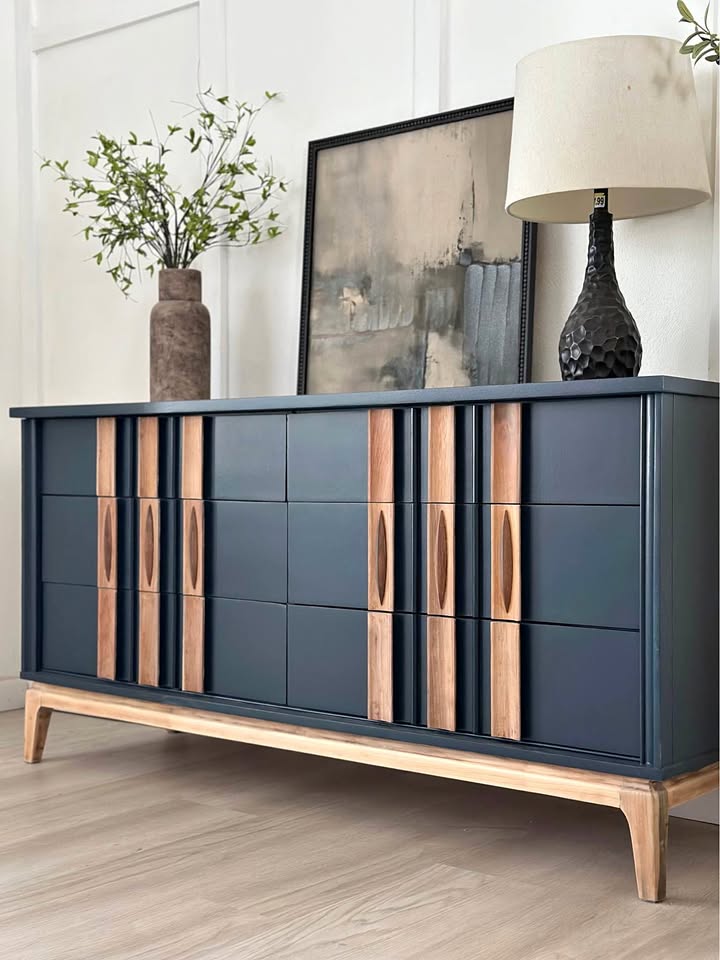 Black refinished dresser with natural walnut details