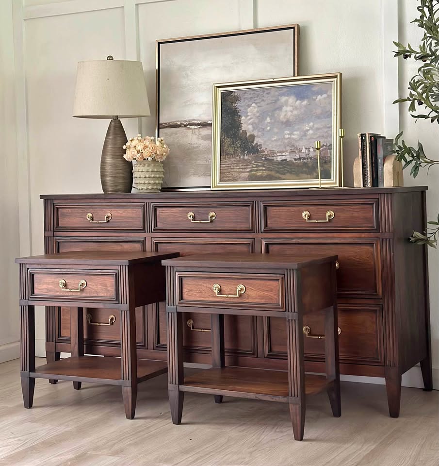 Rich walnut dresser and matching nightstands restored with brass hardware