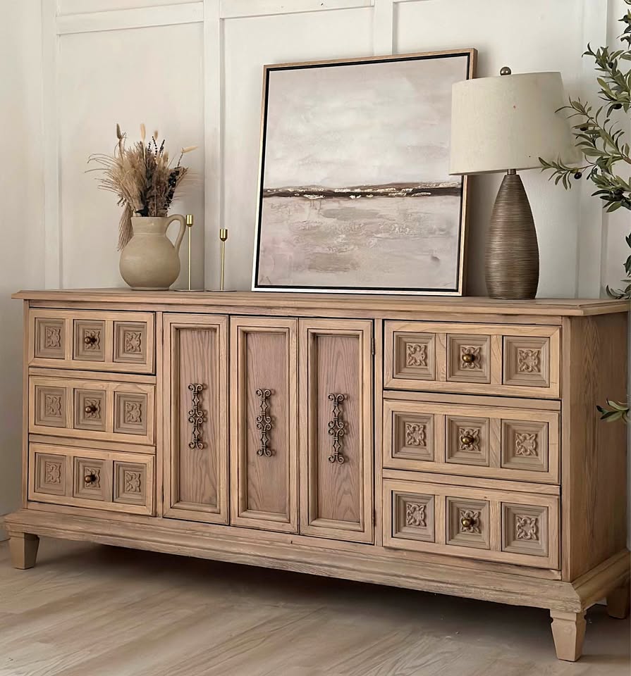 Ornate oak buffet restored in a light natural wood finish