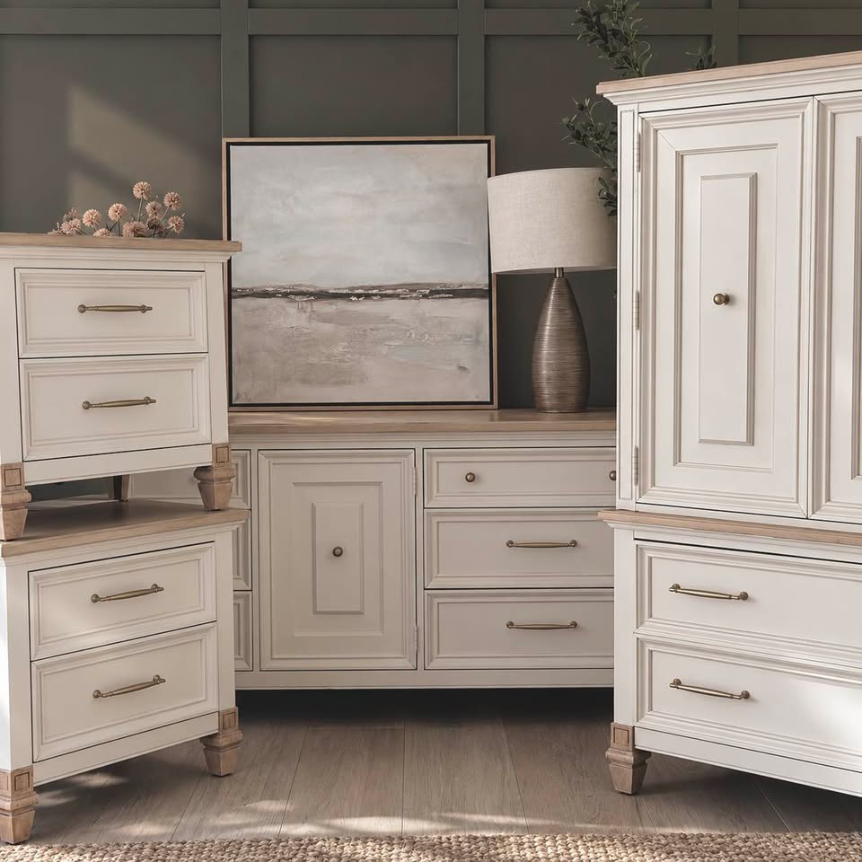 Ivory painted bedroom set with armoire, dresser, and nightstands finished by White Oak Finishes